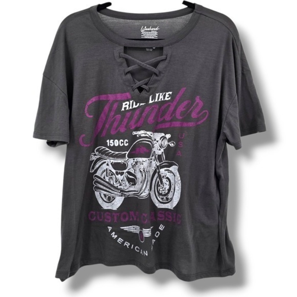 Weekend Soul Motorcycle Graphic Tee Criss Cross‎ Neck Top XL